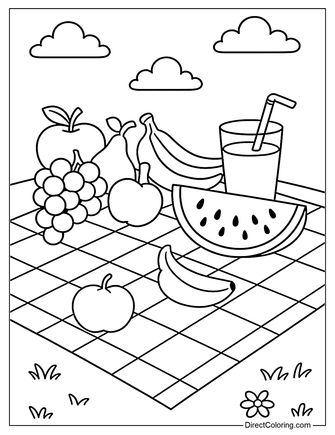 Coloring page of a picnic mat filled with fruit: apples, grapes, watermelon, bananas and a glass of juice.